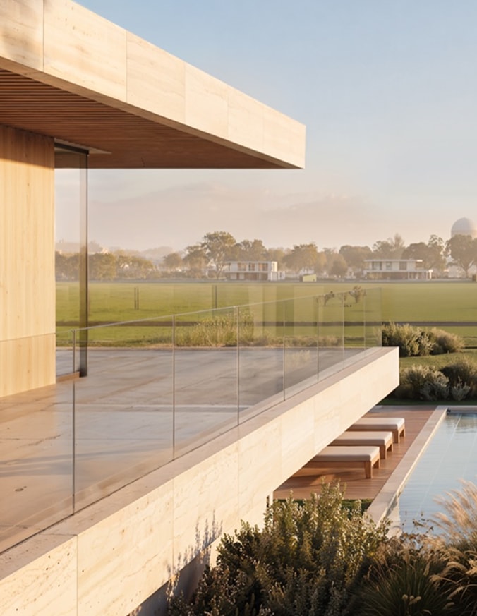 Render of a residence with a glass gallery and pool, overlooking the polo fields