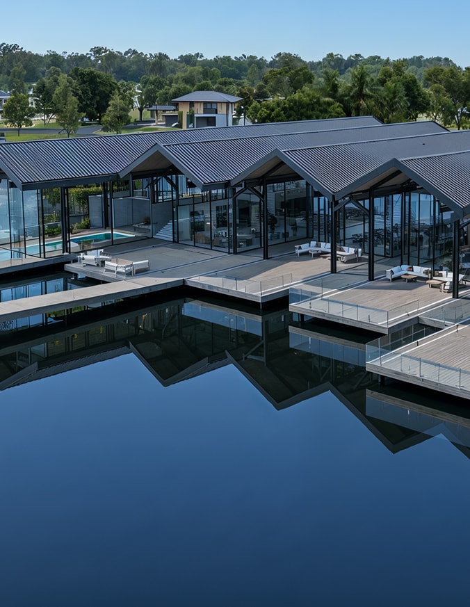 Aerial render of the club house by the lagoon