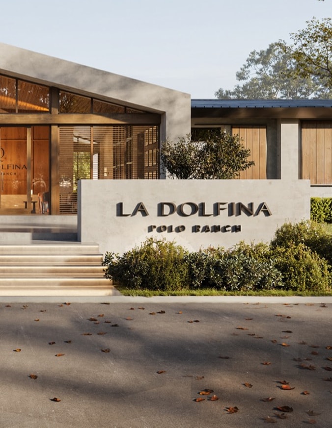 Render of the La Dolfina Polo Ranch entrance with its welcome sign