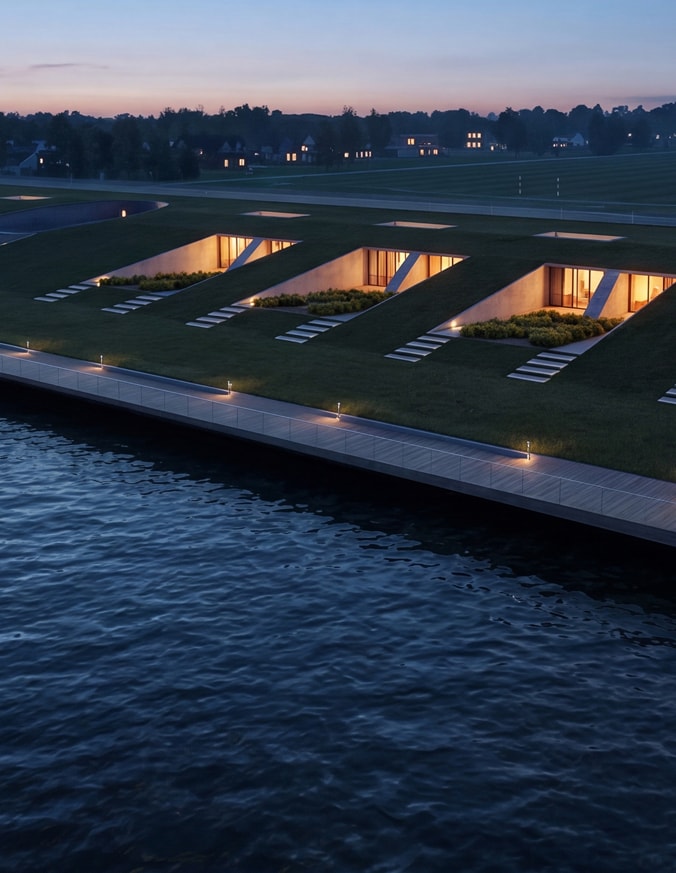 Night render of buildings integrated into the land facing the lagoon